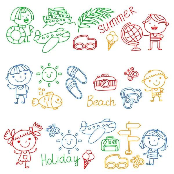 Patrón vectorial con iconos para niños. Vacaciones de verano en la orilla del mar, mar, océano, playa. Niños pequeños divirtiéndose . — Vector de stock