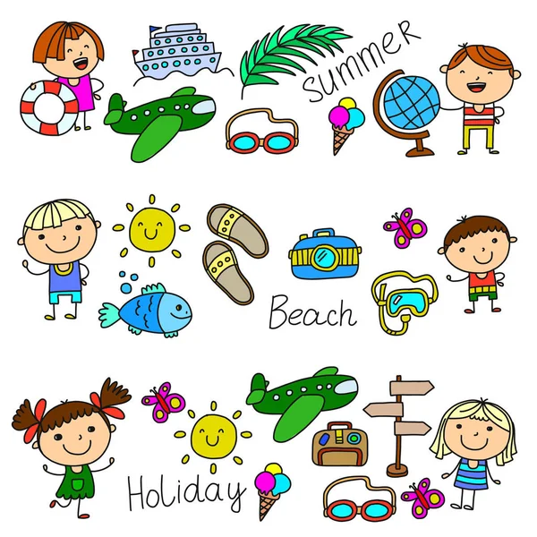 Modelul vectorial cu icoane pentru copii. Vacanță de vară la țărm, mare, ocean, plajă. Copiii mici se distrează . — Vector de stoc