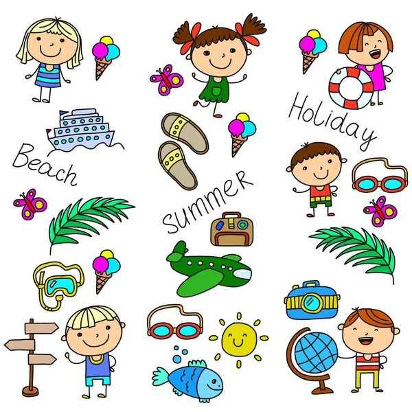 Patrón vectorial con iconos para niños. Vacaciones de verano en la orilla del mar, mar, océano, playa. Niños pequeños divirtiéndose . — Vector de stock