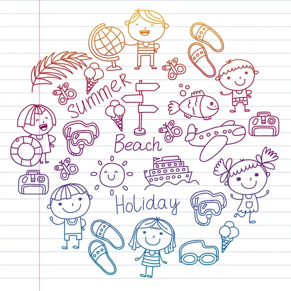 Patrón vectorial con iconos para niños. Vacaciones de verano en la orilla del mar, mar, océano, playa. Niños pequeños divirtiéndose . — Vector de stock