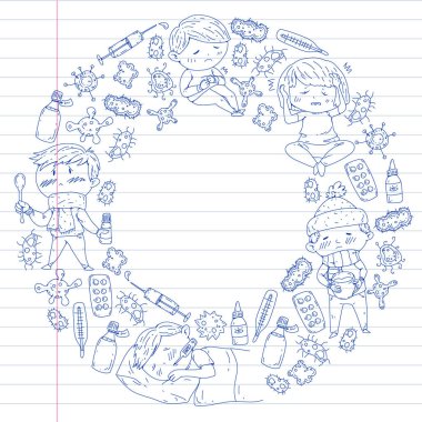 Çocuk Tıp Merkezi. Sağlık illüstrasyon. Küçük çocuklar, enfeksiyon, ateş, soğuk, virüs, hastalık ile doodle simgeler.