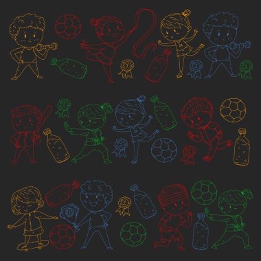 Çocuk yarışmaları spor. Genç atheles oynarken futbol, futbol, beyzbol, basketbol. Çalışan kız ve erkek. Rhythic jimnastik, artistik patinaj görüntüleri.