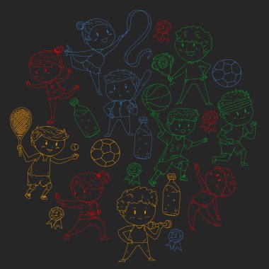 Çocuk yarışmaları spor. Genç atheles oynarken futbol, futbol, beyzbol, basketbol. Çalışan kız ve erkek. Rhythic jimnastik, artistik patinaj görüntüleri.