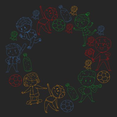 Çocuk yarışmaları spor. Genç atheles oynarken futbol, futbol, beyzbol, basketbol. Çalışan kız ve erkek. Rhythic jimnastik, artistik patinaj görüntüleri.