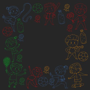 Çocuk yarışmaları spor. Genç atheles oynarken futbol, futbol, beyzbol, basketbol. Çalışan kız ve erkek. Rhythic jimnastik, artistik patinaj görüntüleri.