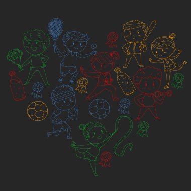 Çocuk yarışmaları spor. Genç atheles oynarken futbol, futbol, beyzbol, basketbol. Çalışan kız ve erkek. Rhythic jimnastik, artistik patinaj görüntüleri.