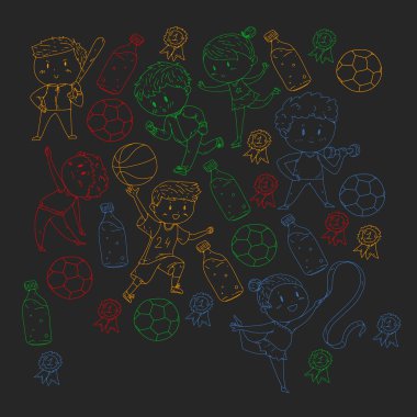 Çocuk yarışmaları spor. Genç atheles oynarken futbol, futbol, beyzbol, basketbol. Çalışan kız ve erkek. Rhythic jimnastik, artistik patinaj görüntüleri.