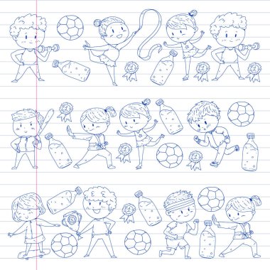 Çocuk yarışmaları spor. Genç atheles oynarken futbol, futbol, beyzbol, basketbol. Çalışan kız ve erkek. Rhythic jimnastik, artistik patinaj görüntüleri.