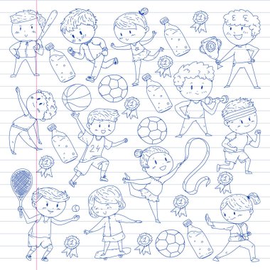 Çocuk yarışmaları spor. Genç atheles oynarken futbol, futbol, beyzbol, basketbol. Çalışan kız ve erkek. Rhythic jimnastik, artistik patinaj görüntüleri.