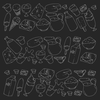 Süt ve süt ürünleri. Doodle simgeler. Diyet, kahvaltı. Süt, yoğurt, peynir, dondurma, tereyağı. Taze sağlıklı yemek yemek ve mutlu olmak.