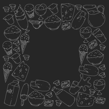 Süt ve süt ürünleri. Doodle simgeler. Diyet, kahvaltı. Süt, yoğurt, peynir, dondurma, tereyağı. Taze sağlıklı yemek yemek ve mutlu olmak.