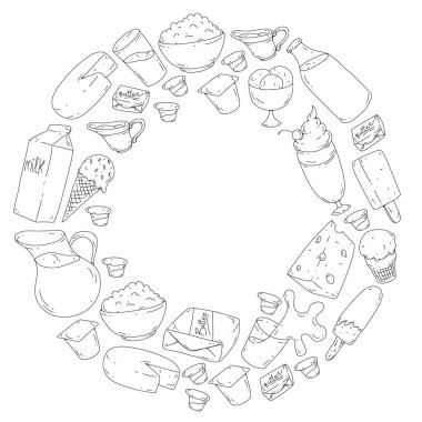 Süt ve süt ürünleri. Doodle simgeler. Diyet, kahvaltı. Süt, yoğurt, peynir, dondurma, tereyağı. Taze sağlıklı yemek yemek ve mutlu olmak.