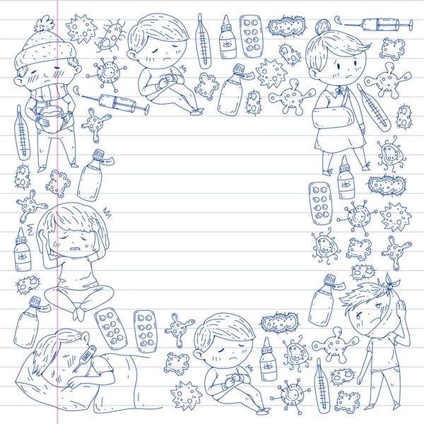 Centro médico de crianças. ilustração de cuidados de saúde. Ícones de doodle com crianças pequenas, infecção, febre, frio, vírus, doença . —  Vetores de Stock