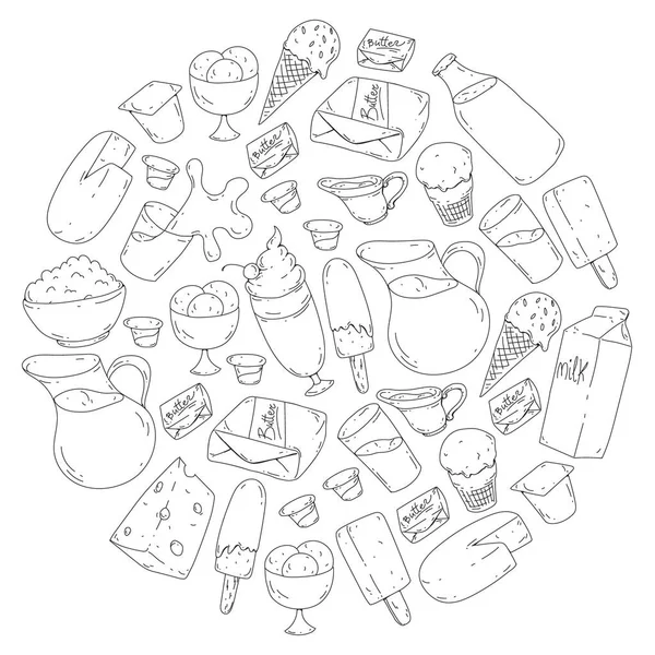 Zuivelproducten. Doodle pictogrammen. Voeding, ontbijt. Melk, yoghurt, kaas, ijs, boter. Eten van verse, gezonde voeding en gelukkig. — Stockvector