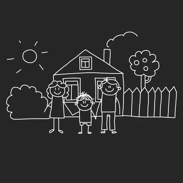 Familia feliz con casa. Niños dibujo estilo vector ilustración aislado en el fondo de pizarra. Madre, padre, hermana, hermano . — Archivo Imágenes Vectoriales