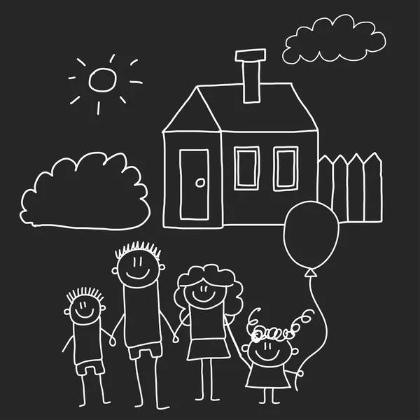 Famiglia felice con casa. Bambini disegno stile vettoriale illustrazione isolato su sfondo lavagna. Madre, padre, sorella, fratello . — Vettoriale Stock