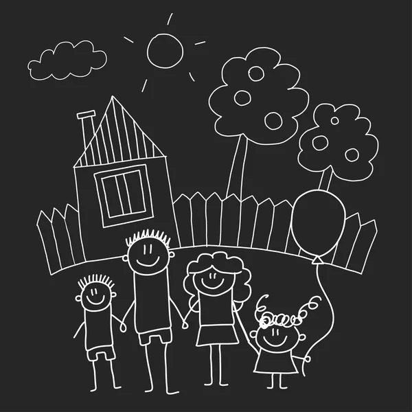 Happy family with house. Kids drawing style vector illustration isolated on blackboard background. Mother, father, sister, brother. — Stock Vector