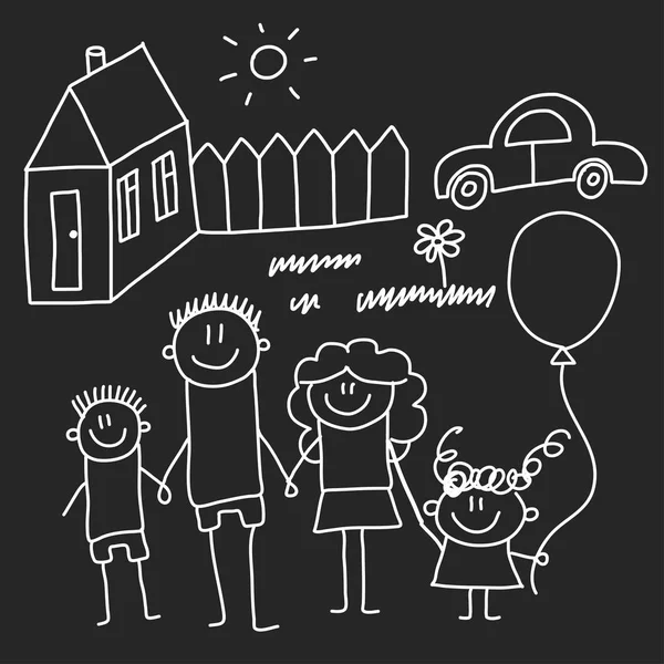 Счастливая семья с домом. Дети рисуют стиль векторной иллюстрации изолированы на фоне доски. Мать, отец, сестра, брат . — стоковый вектор