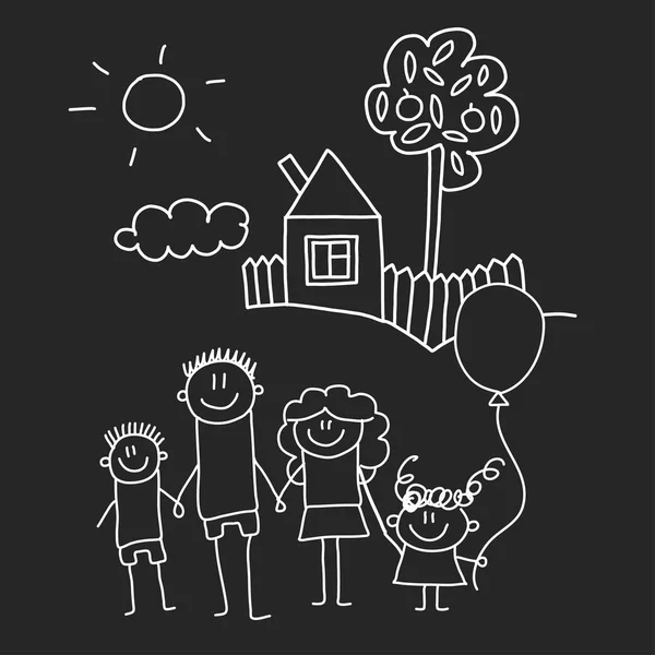 Mutlu aile ev. Çizim stili çocuklar illüstrasyon izole blackboard arka plan üzerinde vektör. Anne, Baba, kardeş, kardeş. — Stok Vektör