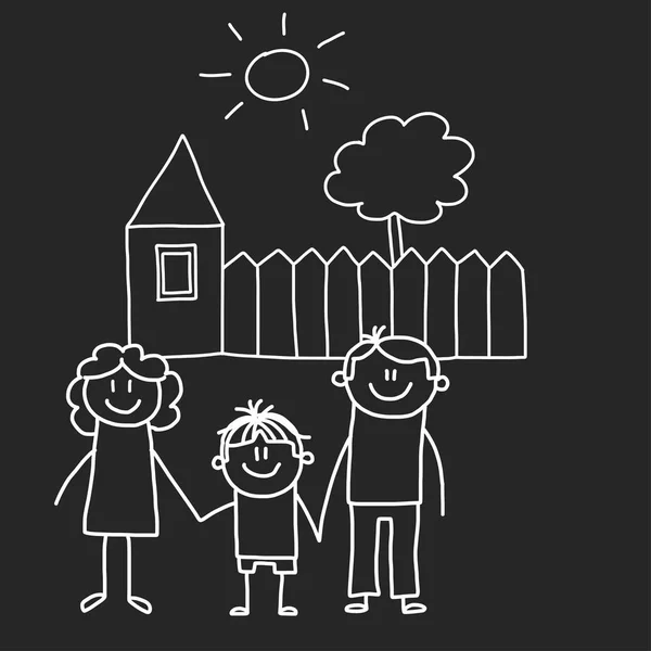 Familia feliz con casa. Niños dibujo estilo vector ilustración aislado en el fondo de pizarra. Madre, padre, hermana, hermano . — Archivo Imágenes Vectoriales