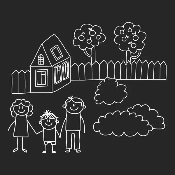 Mutlu aile ev. Çizim stili çocuklar illüstrasyon izole blackboard arka plan üzerinde vektör. Anne, Baba, kardeş, kardeş. — Stok Vektör