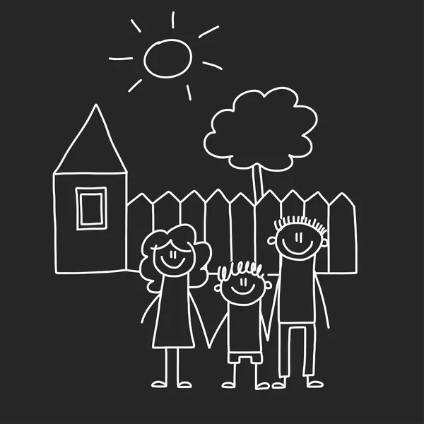 Familia feliz con casa. Niños dibujo estilo vector ilustración aislado en el fondo de pizarra. Madre, padre, hermana, hermano . — Archivo Imágenes Vectoriales