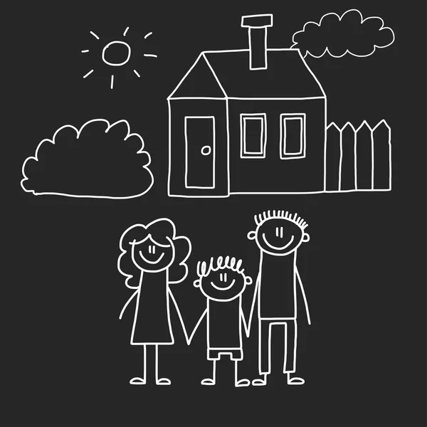 幸福的家庭与房子。孩子绘画样式向量例证查出在黑板背景。母亲, 父亲, 姐妹, 兄弟. — 图库矢量图片
