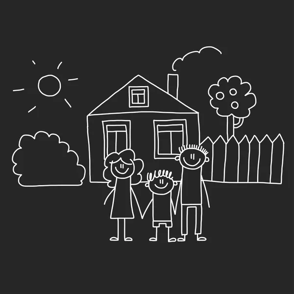 Joyeux famille avec maison. Illustration vectorielle de style dessin enfants isolée sur fond de tableau noir. Mère, père, sœur, frère . — Image vectorielle