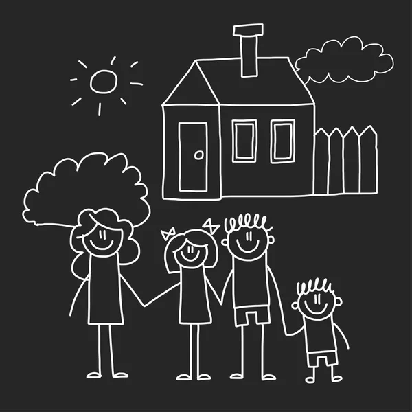 Happy family with house. Kids drawing style vector illustration isolated on blackboard background. Mother, father, sister, brother. — Stock Vector