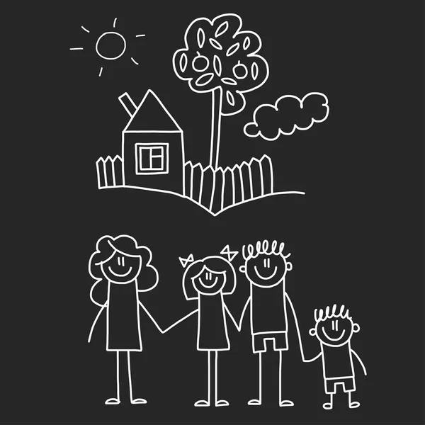 Glückliche Familie mit Haus. Kinder zeichnen Stil Vektor Illustration isoliert auf Tafel-Hintergrund. Mutter, Vater, Schwester, Bruder. — Stockvektor