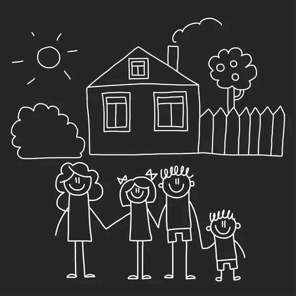 Familia feliz con casa. Niños dibujo estilo vector ilustración aislado en el fondo de pizarra. Madre, padre, hermana, hermano . — Vector de stock