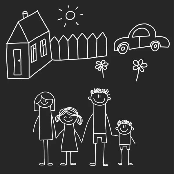 Счастливая семья с домом. Дети рисуют стиль векторной иллюстрации изолированы на фоне доски. Мать, отец, сестра, брат . — стоковый вектор