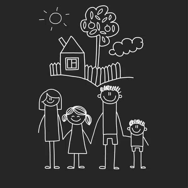 Familia feliz con casa. Niños dibujo estilo vector ilustración aislado en el fondo de pizarra. Madre, padre, hermana, hermano . — Archivo Imágenes Vectoriales