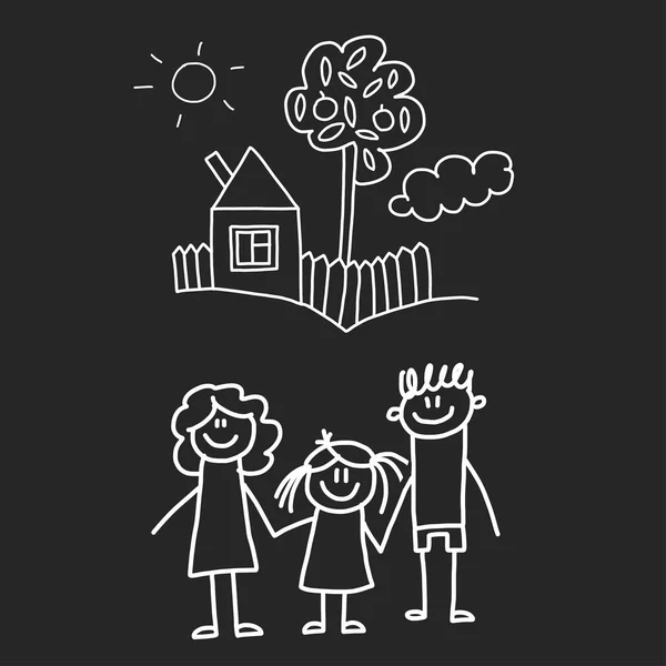 Familia feliz con casa. Niños dibujo estilo vector ilustración aislado en el fondo de pizarra. Madre, padre, hermana, hermano . — Vector de stock
