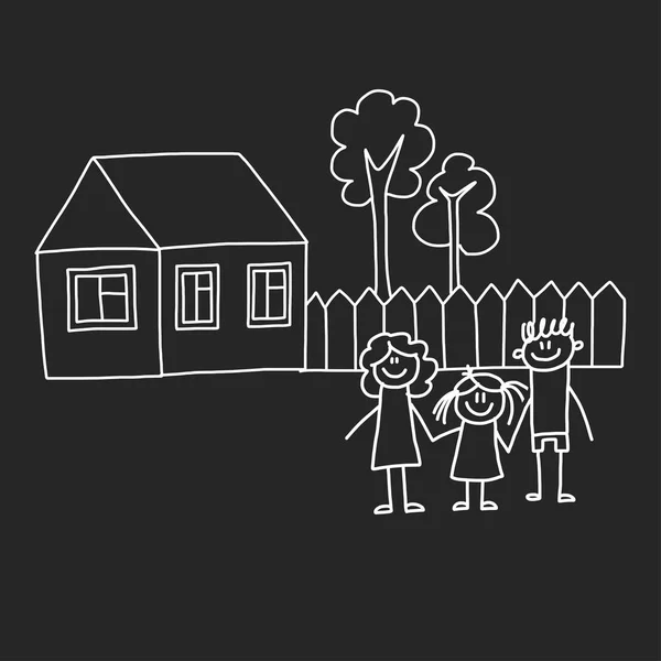 Happy family with house. Kids drawing style vector illustration isolated on blackboard background. Mother, father, sister, brother. — Stock Vector