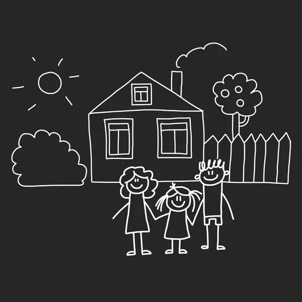 Famiglia felice con casa. Bambini disegno stile vettoriale illustrazione isolato su sfondo lavagna. Madre, padre, sorella, fratello . — Vettoriale Stock