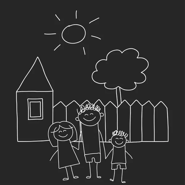 Gelukkige familie met het huis. Kinderen tekenen stijl vector illustratie geïsoleerd op het schoolbord achtergrond. Moeder, vader, zus, broer. — Stockvector