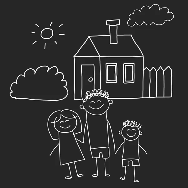 Gelukkige familie met het huis. Kinderen tekenen stijl vector illustratie geïsoleerd op het schoolbord achtergrond. Moeder, vader, zus, broer. — Stockvector