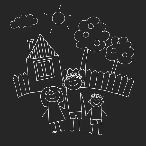 Happy Family House Kids Drawing Style Vector Illustration Isolated Blackboard — Stock Vector