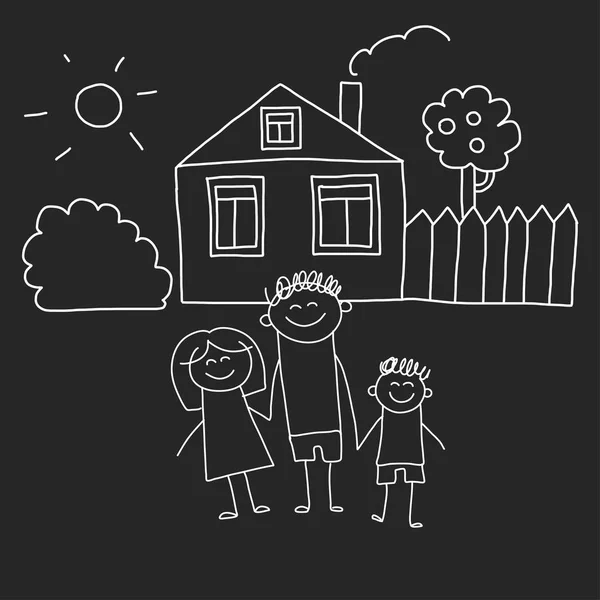 Familia feliz con casa. Niños dibujo estilo vector ilustración aislado en el fondo de pizarra. Madre, padre, hermana, hermano . — Archivo Imágenes Vectoriales