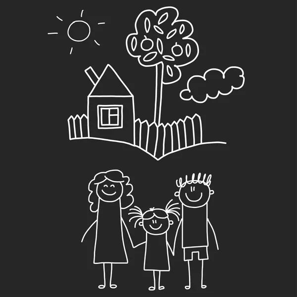 Joyeux famille avec maison. Illustration vectorielle de style dessin enfants isolée sur fond de tableau noir. Mère, père, sœur, frère . — Image vectorielle