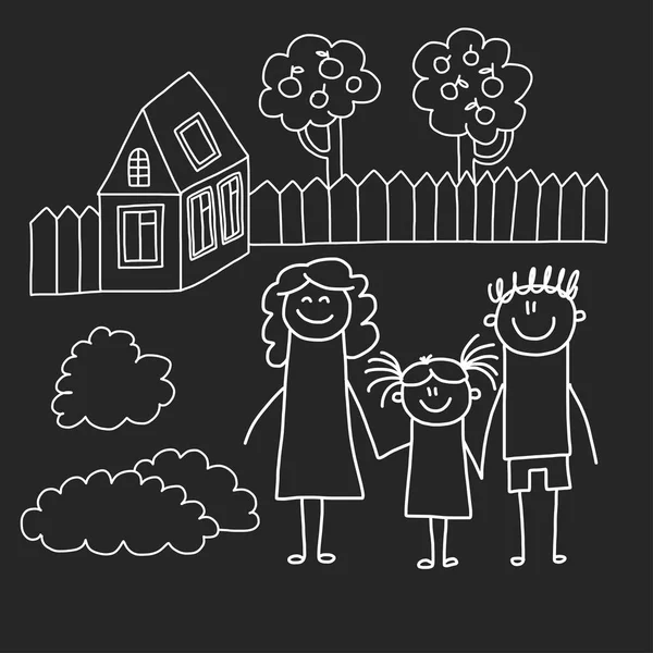 Gelukkige familie met het huis. Kinderen tekenen stijl vector illustratie geïsoleerd op het schoolbord achtergrond. Moeder, vader, zus, broer. — Stockvector