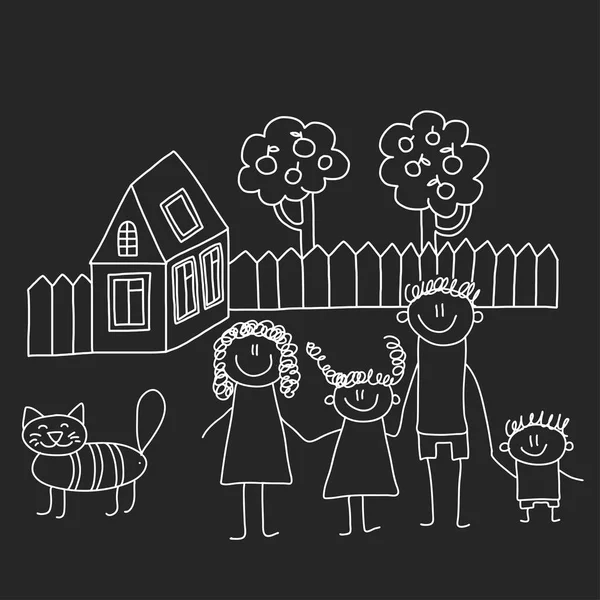 Happy family with house. Kids drawing style vector illustration isolated on blackboard background. Mother, father, sister, brother. — Stock Vector