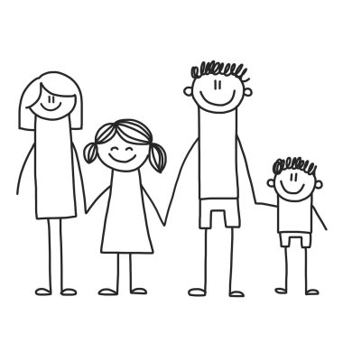 Çocuklu mutlu aile. Çizim stili çocuklar illüstrasyon vektör. Anne, Baba, kardeş, kardeş.