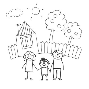 Çocuklu mutlu aile. Çizim stili çocuklar illüstrasyon vektör. Anne, Baba, kardeş, kardeş.