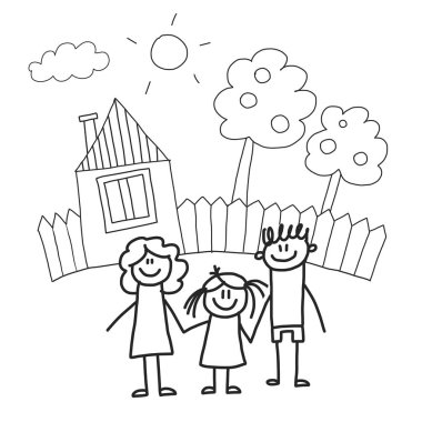 Çocuklu mutlu aile. Çizim stili çocuklar illüstrasyon vektör. Anne, Baba, kardeş, kardeş.
