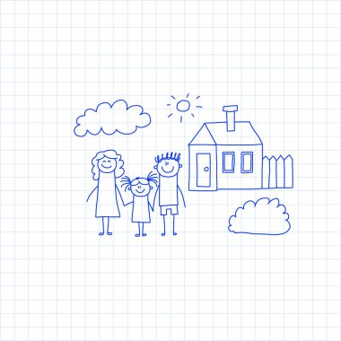 Küçük çocuk ve ev çocuklar vektör görüntü illüstrasyon mavi mürekkep kalem ekose desenli üstünde not etmek, defter kağıt çizim ile mutlu aile.