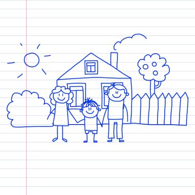 Küçük çocuk ve ev çocuklar üstünde not etmek, defter kağıt mavi mürekkep kalem görüntü illüstrasyon vektör çizim ile mutlu aile.