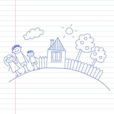 Küçük çocuk ve ev çocuklar üstünde not etmek, defter kağıt mavi mürekkep kalem görüntü illüstrasyon vektör çizim ile mutlu aile.