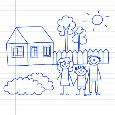 Küçük çocuk ve ev çocuklar üstünde not etmek, defter kağıt mavi mürekkep kalem görüntü illüstrasyon vektör çizim ile mutlu aile.